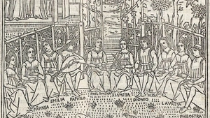 An illustration from The Decameron, showing people sitting in a circle telling a story. 