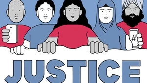 An illustration of five people, including two holding up camera phones, looking at the viewer. They hold a sign that reads "Justice."