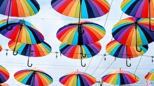Opened rainbow patterned umbrellas displayed hanging over a street. 