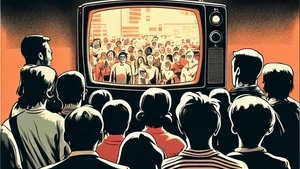 A stylized retro illustration in shades of black, orange, and white showing a crowd of people in the foreground watching a large television. The crowd is mostly younger people, and on the screen is a group of people looking back at them – a good reminder that what we see on the news is happening to real people.