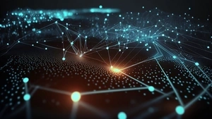 Clusters of dots representing data, most of which are connected by a network of lines.