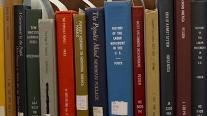History books on a shelf