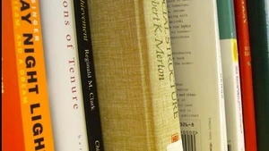 Row of books, spine out