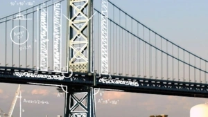 A photo of a bridge marked up with engineering and math symbols