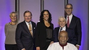 At the 2024 Harold W. McGraw, Jr. Prize in Education Nov. 13 celebration, from left, Jody Lewen, Harold McGraw III, Penn GSE Dean Katharine Strunk, Robert Lerman, Edmund W. Gordon, and GSE Vice Dean of Innovative Programs and Partnerships Michael Golden. 