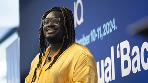 Nick Okafor, founder of trubel&co, delivers his final pitch at the 2024 finals hosted at the HolonIQ Back to School Summit in New York City.