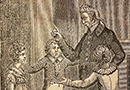 Woodcut illustration of adult teaching children