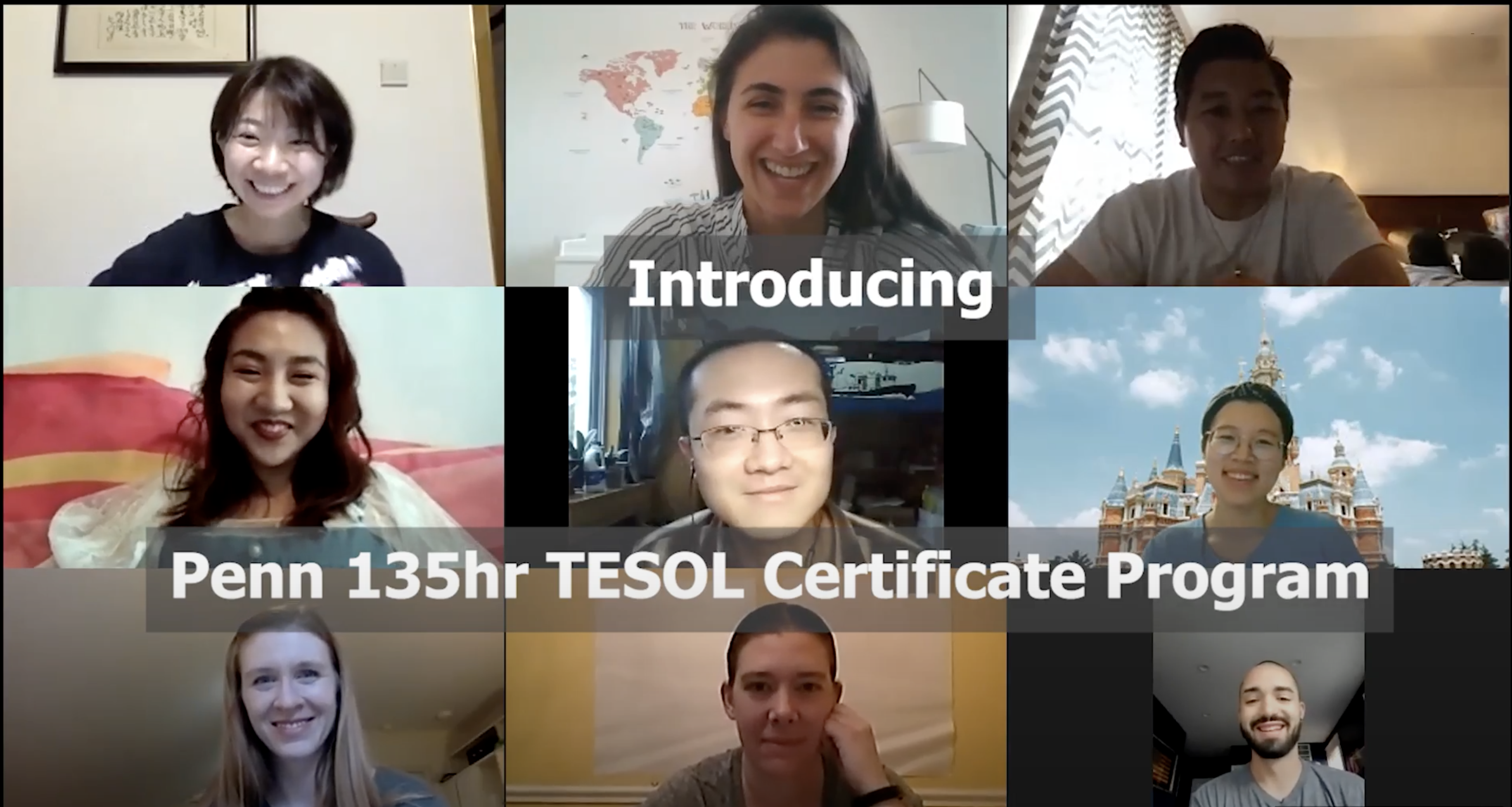 9 participants on a video call in the TESOL Essentials online program. 