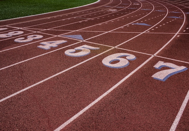 The starting line for a running track. 
