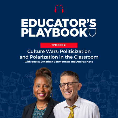 Podcast episode cover artwork featuring the Educator’s Playbook show name, episode 2’s number and title, and cut-out images of the show guests.