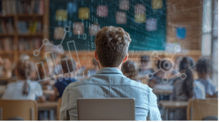 A man sits in a classroom with digital data graphics overlaying the scene, symbolizing a data-driven learning environment