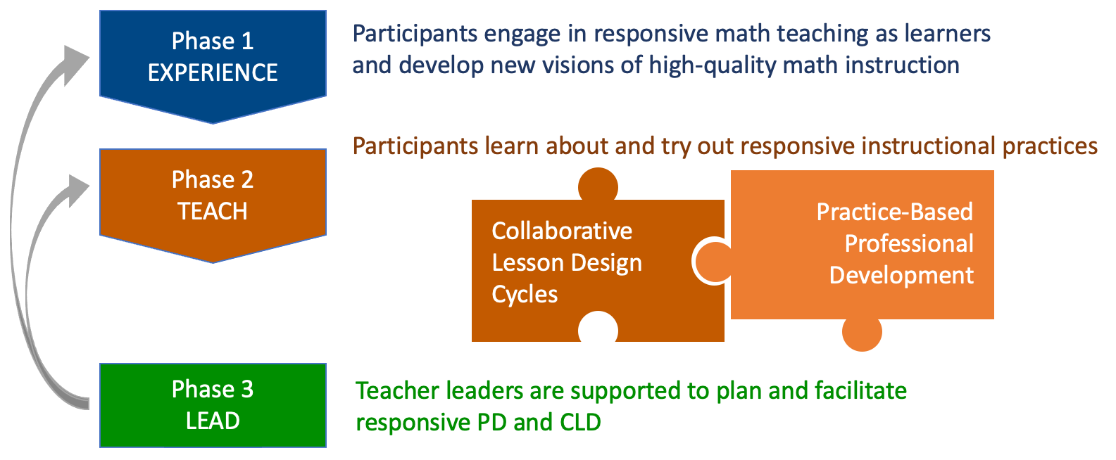 Experience Responsive Math Teaching as a learner, reflect on that experience in order to understand how to teach responsively, and begin to make adjustments to math instruction (Math Circle).

  Teach. Analyze and rehearse Responsive Math Teaching skills, then collaboratively plan, enact, and reflect on the implementation of Responsive Math lessons with peer partners (Collaborative Lesson Design).
  
  Lead by facilitation professional development and supporting other teachers across the network as they adopt and refine Responsive Math Teaching practices (Mentoring, Leading PD).
  