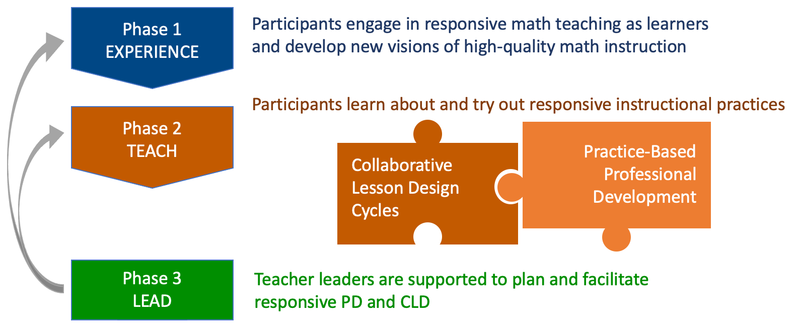 Experience Responsive Math Teaching as a learner, reflect on that experience in order to understand how to teach responsively, and begin to make adjustments to math instruction (Math Circle).

  Teach. Analyze and rehearse Responsive Math Teaching skills, then collaboratively plan, enact, and reflect on the implementation of Responsive Math lessons with peer partners (Collaborative Lesson Design).
  
  Lead by facilitation professional development and supporting other teachers across the network as they adopt and refine Responsive Math Teaching practices (Mentoring, Leading PD).
  