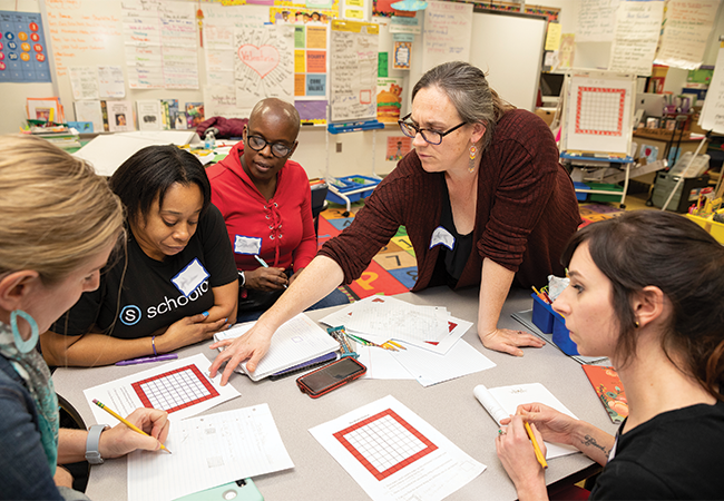 The collaborative lesson design cycle is Plan (RMT lessons collaboratively), Enact Lesson (in own school), Debrief (using artifacts). The Teach PD cycles is Analyze (videos of practice) and Rehearse (RMT practices). 