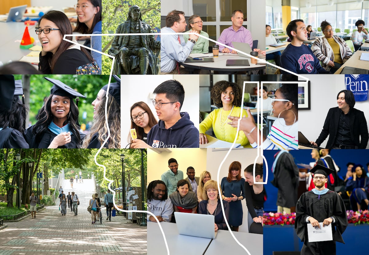 A mosaic of photos shows the Penn GSE building, Penn campus views, students, and faculty. Against the photos, a silhouette of a student’s head in a graduation cap is outlined in white.