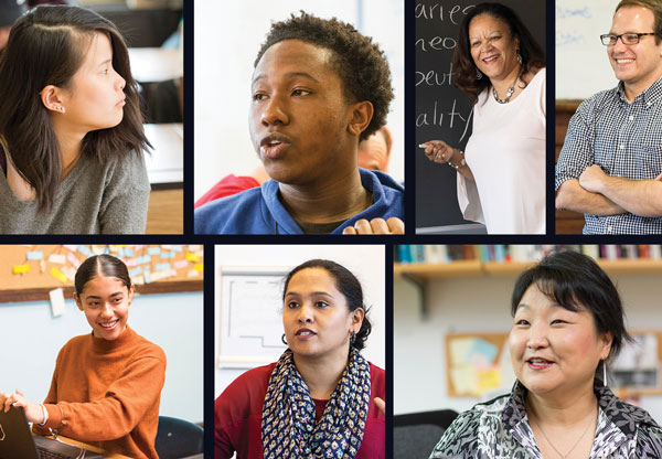 Seven tiled images of GSE faculty, Philadelphia students, and teachers in classrooms appear in rectangles.