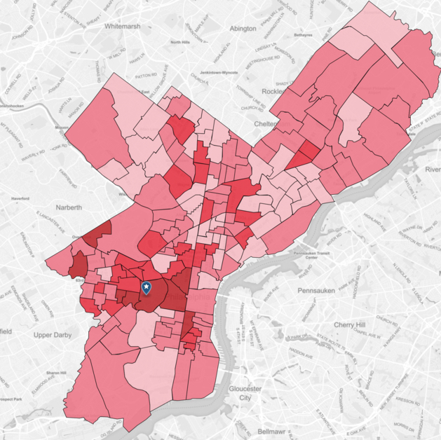 A map of Philadelphia showing school catchment areas with darker shades of red to indicate areas where Penn GSE has students or researchers working