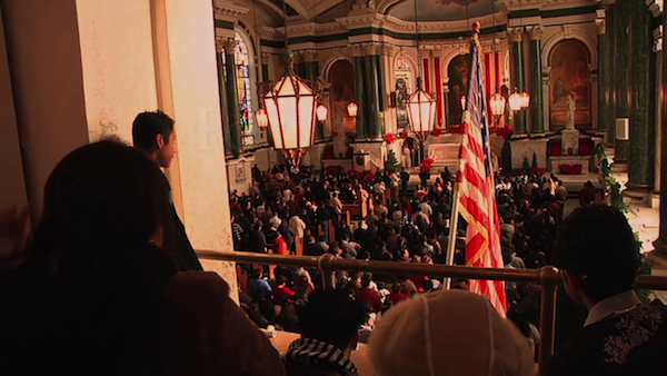 Photo of church interior with American flag